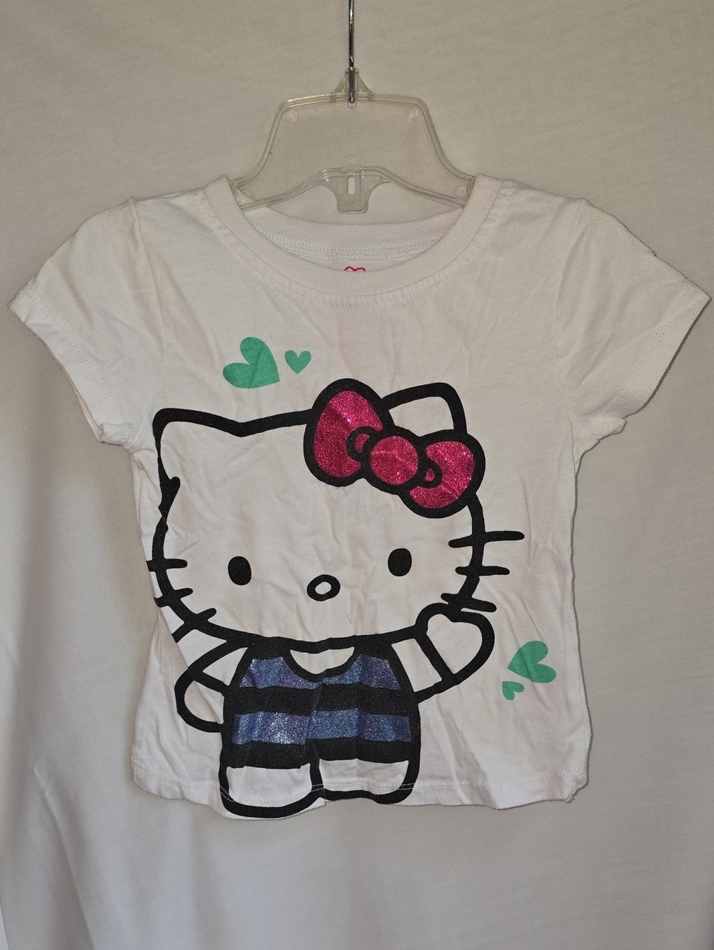 Sanrio Hello Kitty White Tee with Pink Glitter Bow and Green Hearts